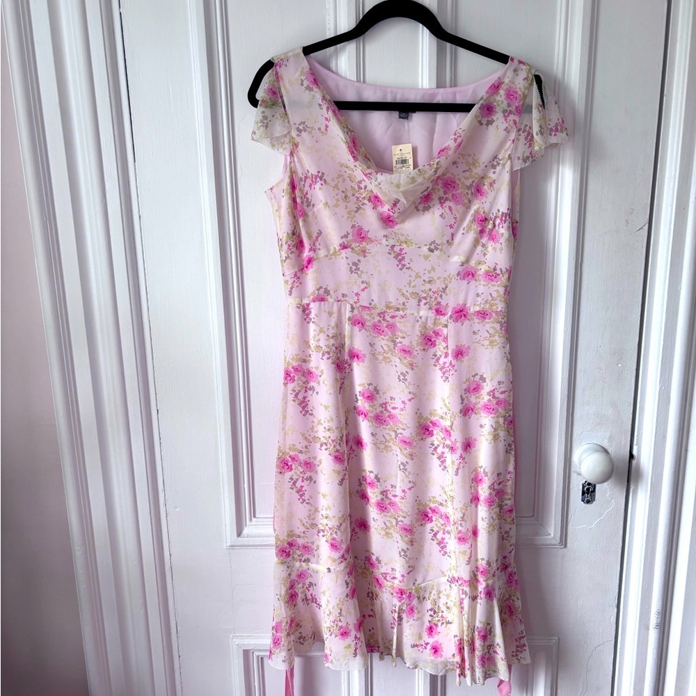 Anne Taylor Women’s 100% Silk Cap Sleeve Tie Waist Pale Pink &Rose Dress NWT 6P